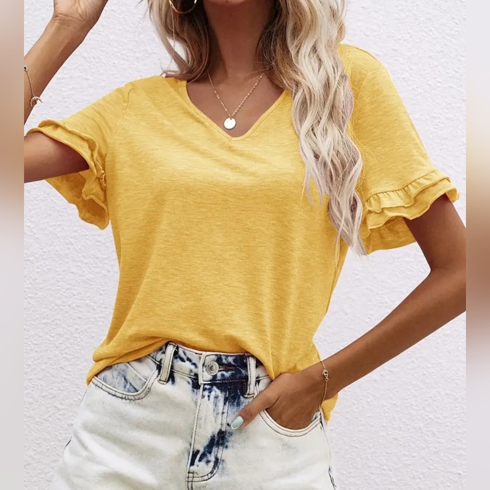 Women's Bright Yellow Double Ruffle Short Sleeve T-shirt Size XXL - Picture 8 of 10